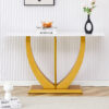 Modern and simple rectangular glass dining table in white with a pattern, 0.39 "white top and gold legs, suitable for entrance and living room.