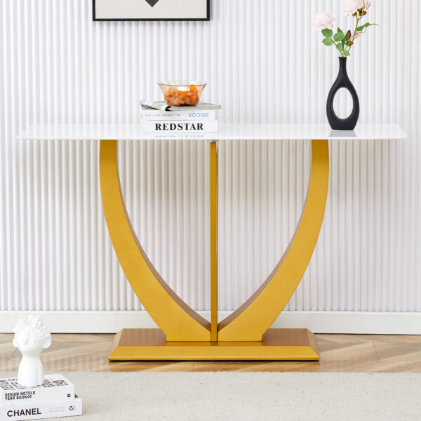 Modern and simple rectangular glass dining table in white with a pattern, 0.39 "white top and gold legs, suitable for entrance and living room.