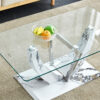 Modern minimalist transparent tempered glass coffee table with marble patterned MDF legs and stainless steel decorative columns. Computer desk. Game table. CT-907