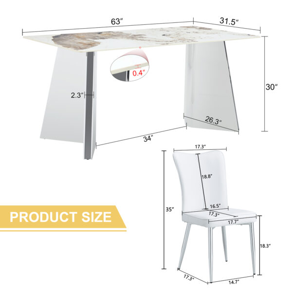 a182a9dd08d34b68bb83e66fa2b0714a_5b4b71292e6ce46ea2093b2151c72c7f Table and chair set.63"x31.5x30" Luxurious Pandora patterned Sintered Stone Tabletop with Silver Stainless Steel Legs.Paried With 4 White PU Chairs with a vertical stripe design on the backrest.