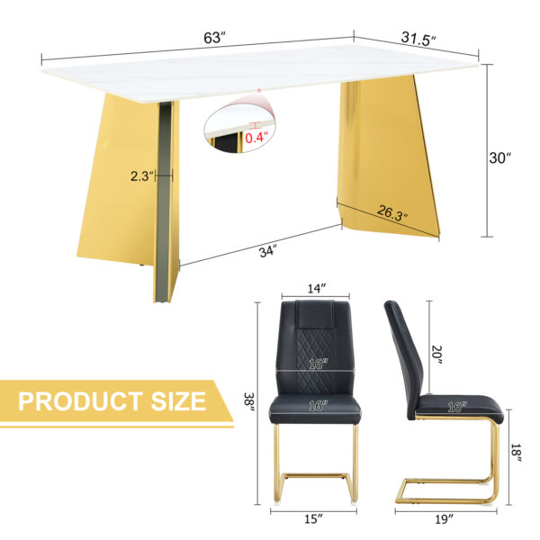a193d03ed0344e45a5653160e942b606_3be7df97373be50b84619f584465c83a Table and chair set.63"x31.5x30" Luxurious Snow Mountain Patterned Sintered Stone Table with Golden Stainless Steel Butterfly Legs.Paried With 6 Black High-quality PU Chairs With Arched Metal Legs.
