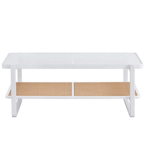 a1a6339fbf19464296762f6d950d7713_20240123_c583ae56b73f7d313698793a580a6042 Modern minimalist white double layered solid wood coffee table. Glass tabletop, imitation rattan edge table. Rectangular table suitable for living room, dining room, and bedroom