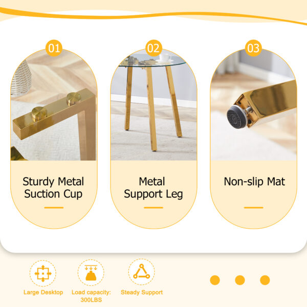 a1c29b9cf27c448ea4bd34aa2db34ad3_71d51543ee31ed9c0081e4953ee077ec Modern Luxurious Round Tempered Glass Dining Table with Gold 7-Shaped Metal Legs,suitable for family meals, office conferences, or as a casual coffee table for various occasions.36*36*29.5
