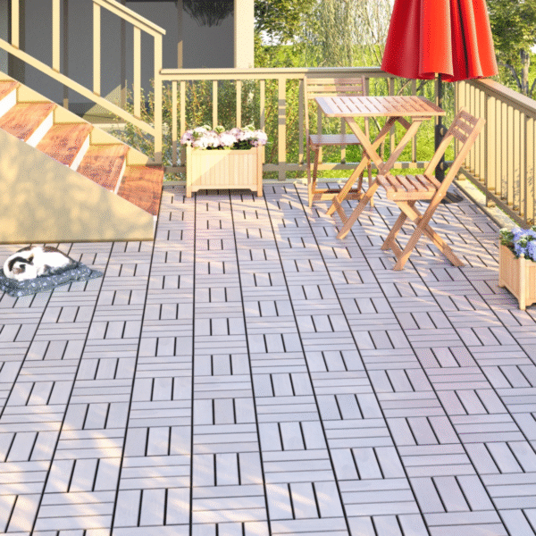 30 PCS Interlocking Deck Tiles Checker Pattern, 12" x 12" Square Light Gray Acacia Hardwood Outdoor Flooring for Patio, Bancony, Pool Side,...