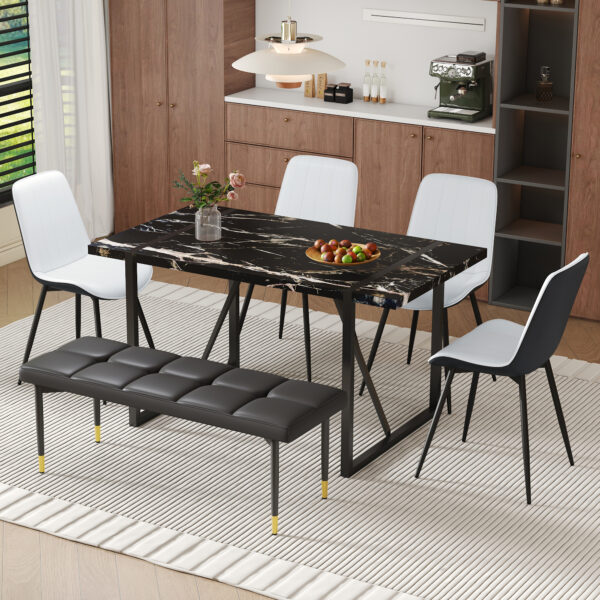 a1eefa2b17fa4dca9c263b37b931baf9_f79dd1c850a79da25a584db5277840f0 Table and chair set.Modern Black Marble Pattern MDF Dining Table Set - 55"x31.4" with 4 Extended Seat Cushion PU Dining Chairs and 1 Bench,A Choice of Subtle Luxury for Modern Homes.