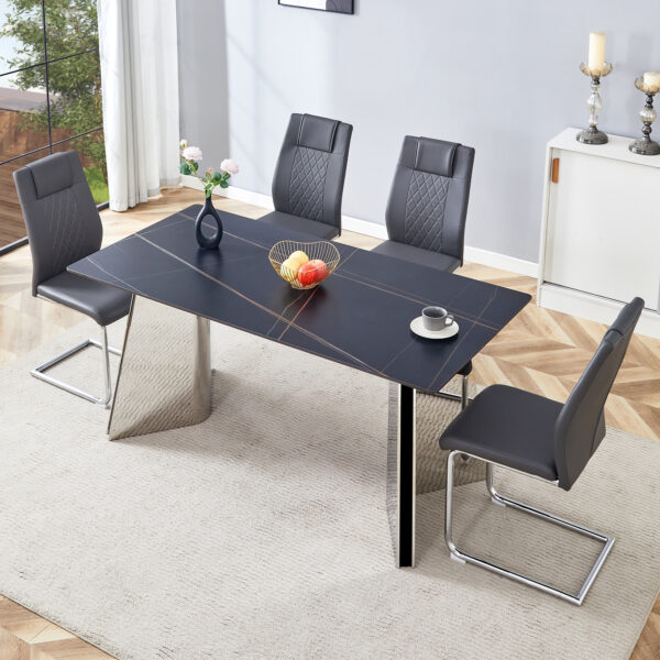 a1fbbf6231ab45808e1ba59e3b268d03_290fbaf1a6269b253737e806cec46bbd Table and chair set.63"x31.5x30" Black Marble-Patterned Slabs Tabletop with Stainless Steel Butterfly Legs.Paried with 4 Dark gray high-quality PU chairs with silver metal legs.