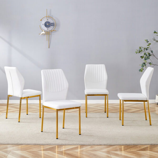 a1fd22aeb1204b98bdeb492ea737b053_98a1499cdef20e63940bba0c523cb9ae Luxury Simple Chair - Set of 4 White PU Material High Resilience Dining Chair with Metal Gold Leg.The Chair Back Has a Vertical Stripe Design With Smooth And Uniform Lines.