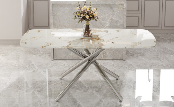 a20ffb768c4d4071b28b491bfc198021_592b2e2f0637fd523410454c13c4b315 Large modern minimalist rectangular dining table with 0.39 "imitation marble tabletop and silver metal legs, suitable for kitchens, restaurants, living rooms, conference rooms.W1151S00986