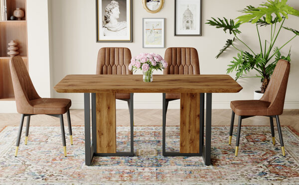 a213250f52bb4d66a8c4ec861539b5ec_372b397c71f8fae0790b20aafb89b014 Table and chair set.67"x36" Wood-Textured MDF Dining Table Set with 4 Brown Suede Chairs.MDF sticker,Wood colored texture sticker,Brown armless dining chair,Suitable for kitchen,Dining room,etc.