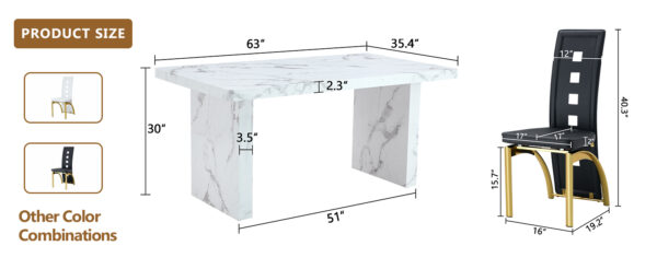 a2174cd1db484c5abffb2072cb39893d_bd456b8d47d43e7adec81d3ef2eef64f Table and chair set.63"*35.4" White Imitation Marble Pattern MDF Dining Table Set - 6 PU Chair With Black Saddleback, Geometric Pattern Backrest,Golen Curved Metal Leg..Suitable For Various Scenes.