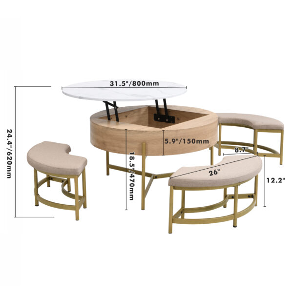 Modern Round Lift-Top Coffee Table with Storage & 3 Ottoman White & Natural