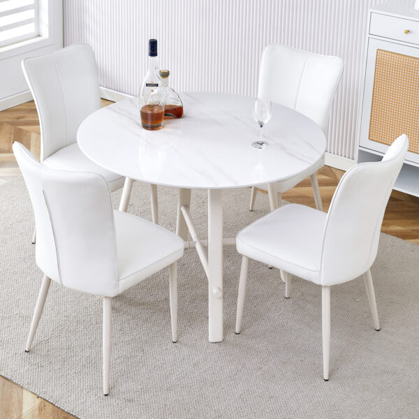 a22334302ec749f8b15608d9c3f4fd97_1a6d273867cee39c6f99036fa75291a7 Table and chair set, MDF desktop, white metal table legs, stable and beautiful, suitable for most styles of home. Modern simple dining table, comfortable seating.