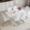 Table and chair set.55"x31.4" Cream-Style White MDF Dining Table Set with 6 White Chairs With Silver Metal Legs.MDF Tabletop and metal frame legs.Adding a warm and gentle atmosphere to your family.