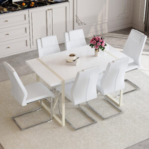Table and chair set.55"x31.4" Cream-Style White MDF Dining Table Set with 6 White Chairs With Silver Metal Legs.MDF Tabletop and metal frame legs.Adding a warm and gentle atmosphere to your family.
