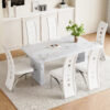Table and chair set.63"*35.4" White Imitation Marble Pattern MDF Dining Table Set - 6 PU Chair With White Saddleback, Geometric Pattern Backrest,Silver Curved Metal Leg.Suitable For Various Scenes.