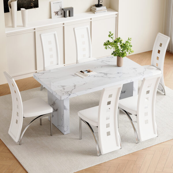 a25ccafcfe374d7191876357cd18f9d2_a5fd14d6cafb3b3ef897d6f4bada0766 Table and chair set.63"*35.4" White Imitation Marble Pattern MDF Dining Table Set - 6 PU Chair With White Saddleback, Geometric Pattern Backrest,Silver Curved Metal Leg.Suitable For Various Scenes.