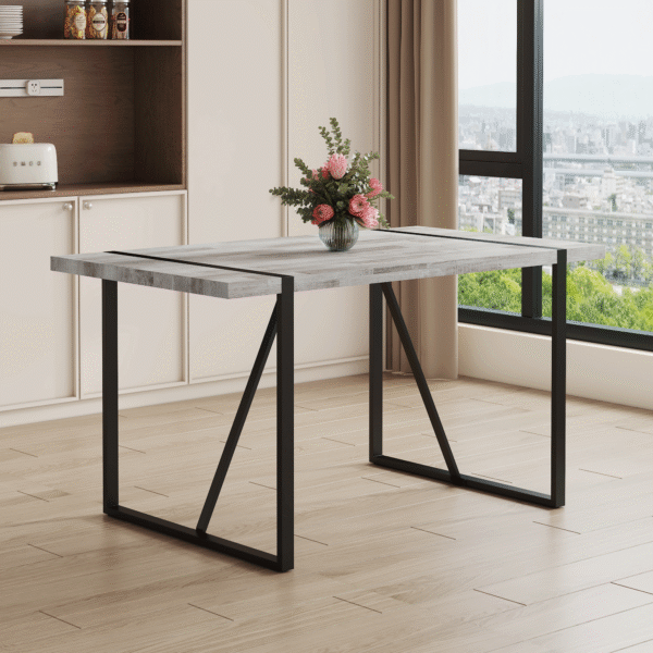 a265f69156b94485a366213565d5fb8a_d201193a9c99f28807494fb4892a46ef A minimalist retro rectangular dining table with a specially textured top and black metal legs.Contemporary Minimalist MDF Gray Textured Tabletop.Able To Give People A Visual Beauty With Rules.