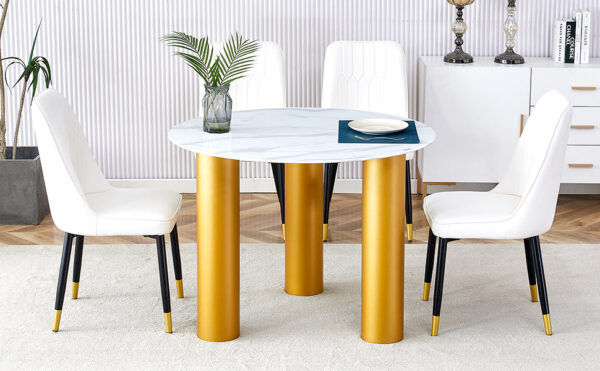 Table and chair set, round table with white marble pattern, gold MDF table legs, soft and comfortable dining chair, suitable for kitchen and living room