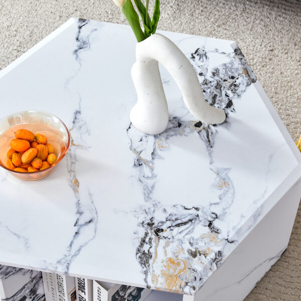 a26e1a6f4d2542ac8131447aecd05748_6c3b8d2f7be55412facfae9dfe1129e8 Minimalist white patterns hexagonal Coffee Table Set.Hexagonal MDF coffee table, characteristic pattern stickers, multi-hole design to give more storage space.Two coffee tables of different sizes.