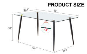 Modern minimalist rectangular transparent tempered glass dining table, 0.4 inches thick, black metal legs, suitable for kitchen, dining room, and living room 63 "* 35.4" * 30 " DT-1544
