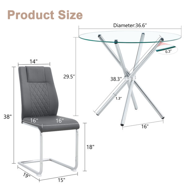 a2acc4648f79405a8c41384660eede98_7e2ce95de703da3bc40dc8c28934bd06 Table and chair set.36.6"Round clear glass dining table with a unique shape with ring-shaped gathered silver metal legs.Paired with 4 Dark gray high-quality PU dining chairs with silver metal legs.