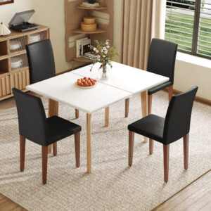 Table and chair set. White Sintered Stone Tabletop, Rubberwood Legs,Foldable Computer Desk, Foldable Desk.Paried With 4 Black PU Dining Chairs with Walnut Color Metal Leg.