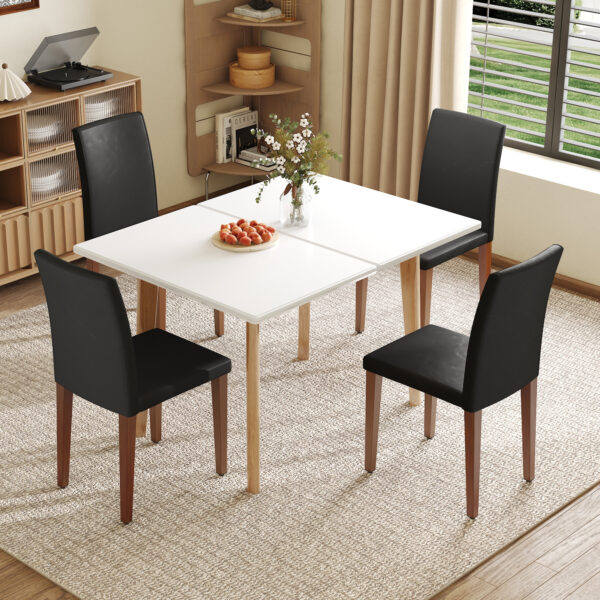 a2ad4626c4044857a7d624ea84338c8e_b5329636d8c9db4d00d1e760c68e7285 Table and chair set. White Sintered Stone Tabletop, Rubberwood Legs,Foldable Computer Desk, Foldable Desk.Paried With 4 Black PU Dining Chairs with Walnut Color Metal Leg.