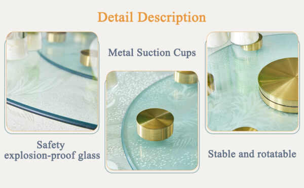 a2b9394eae5b4b718b2f4d7a24dd225b_14009f756048ed947141f45a8366083b Double layer rotatable round glass.Golden aluminum plate,The rotatable design makes it convenient to retrieve and place items.The upper glass has a diameter of 24 inches, the lower glass15 inches.