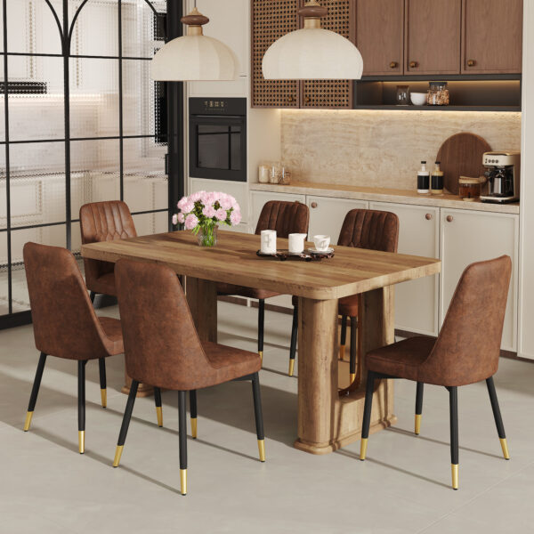 a2ca911613e54fa9882d1f787eb79f46_987414b9c21c9c74ee291008476d4d61 Table and chair set.64.5 x 35.4 Inch Stylish Wood Color Textured Dining Table.Paried With 6 BrownTechnology-Fabric Dining Chairs.Suitable for kitchen,Dining room,etc.