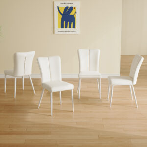 Modern minimalist dining chair, white PU leather curved back and seat cushion, white metal chair legs, suitable for dining room, bedroom, living room. A set of four chairs. 008
