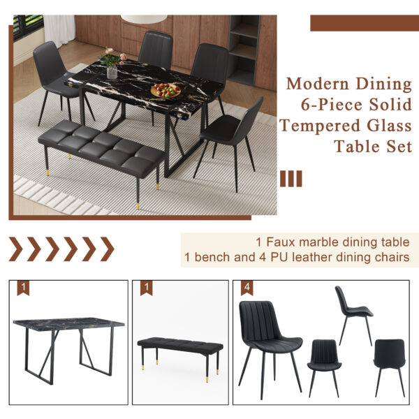 Table and chair set.Modern Black Marble Pattern MDF Dining Table Set - 55"x31.4" with 4 Extended Seat Cushion PU Dining Chairs and 1 Bench,A Choice of Subtle Luxury for Modern Homes.