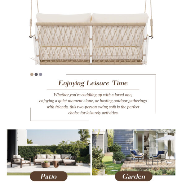 TREXM 1-Piece Woven Rope Outdoor Swing Sofa with Soft Cushions Seating 2 for Patio, Courtyard and Balcony (Beige)