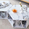 Minimalist white patterns hexagonal Coffee Table Set.Hexagonal MDF coffee table, characteristic pattern stickers, multi-hole design to give more storage space.Two coffee tables of different sizes.