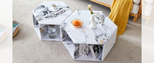 a33c8381b38644a6b0d5c052d0c044d9_6fa1e9cee4f1b2729483c095b89b695d Minimalist white patterns hexagonal Coffee Table Set.Hexagonal MDF coffee table, characteristic pattern stickers, multi-hole design to give more storage space.Two coffee tables of different sizes.