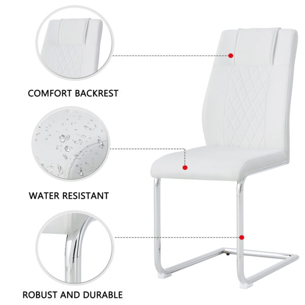 a347621e0e4d4ecd88ad0884ee207132_5f280bc8716e97f089a3399bab10454b Table and chair set.Modern Luxurious white Marble-Patterned Tempered Glass Dining Table with 6 Chairs.Single fork silver metal table legs.White high-quality PU dining chairs with silver metal legs.