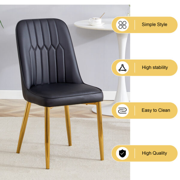 a3651310921645919d36cf5d63996d56_8e1f9c2f38764ed669f4769af81fea47 Table and chair set.63"x31.5x30" Luxurious Pandora patterned Sintered Stone Tabletop with Golden Stainless Steel Butterfly Legs.Paried With 4 Black PU Chairs with Simple Line Designs On The Backrest.
