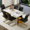 Table and chair set.63"x31.5x30" Luxurious Pandora patterned Sintered Stone Tabletop with Golden Stainless Steel Butterfly Legs.Paried With 6 Black High-quality PU Chairs With Arched Metal Legs.
