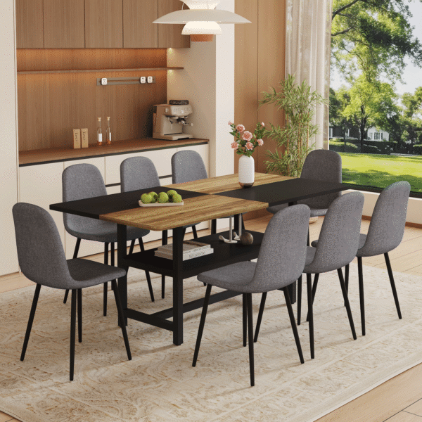 Table and chair set.71*35.4 inch Wooden And Black Spliced Dining Table With Storage Function In The Middle Of The Table Legs.Paired With 8 Chairs Made Of Dark Gray Lnen Fabric.Iron pipe spraying Legs.