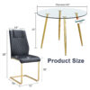A modern minimalist style round transparent tempered glass table with gold metal legs, paired with 4 modern PU leather high-back dining chairs, bring a luxurious experience.