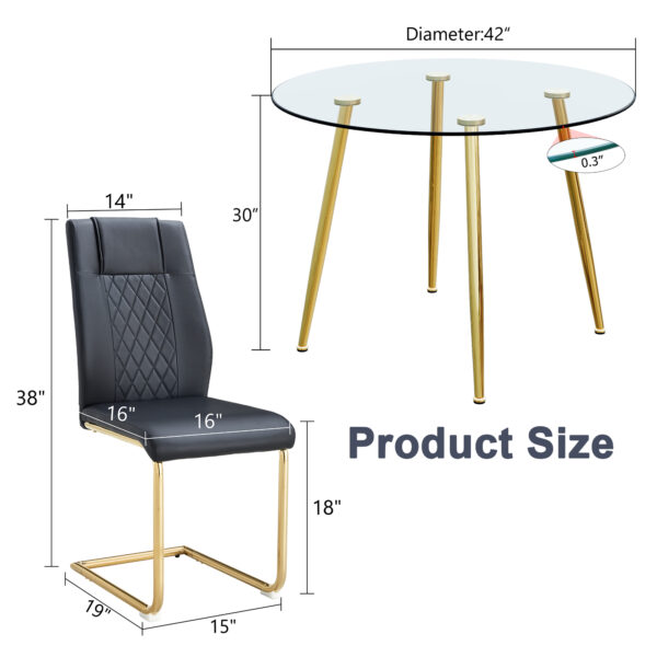 a3d4961372d04fa0ba0a29d2455d3934_a18c93b82cbc6ad3dcf6be10b9b458b0 A modern minimalist style round transparent tempered glass table with gold metal legs, paired with 4 modern PU leather high-back dining chairs, bring a luxurious experience.
