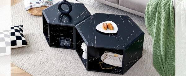 a3dfeb3116954f4c991385c67dc054e5_583184e70bc6be0f03927ff06b5149a3 Modern Minimalist Black Hexagonal Coffee Table Set.Hexagonal MDF coffee table, characteristic pattern stickers, multi-hole design to give more storage space.Two coffee tables of different sizes.