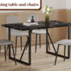 Table and chair set.Modern Black Marble Pattern MDF Dining Set - 55"x31.4" with 4 Light Gray Linen Fabric Chairs.Iron Pipe Spraying Chair Legs.Suitable for kitchen,Dining room,etc.