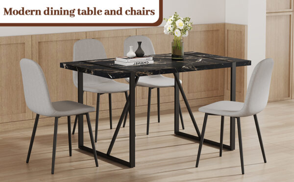 a3ecb06ff46e47e0811f70bbafa04850_664dcaa6bc92fbab1fb51bfe06bb16cd Table and chair set.Modern Black Marble Pattern MDF Dining Set - 55"x31.4" with 4 Light Gray Linen Fabric Chairs.Iron Pipe Spraying Chair Legs.Suitable for kitchen,Dining room,etc.