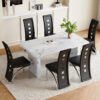 Table and chair set.63"*35.4" White Imitation Marble Pattern MDF Dining Table Set - 6 PU Chair With Black Saddleback, Geometric Pattern Backrest,Silver Curved Metal Leg..Suitable For Various Scenes.