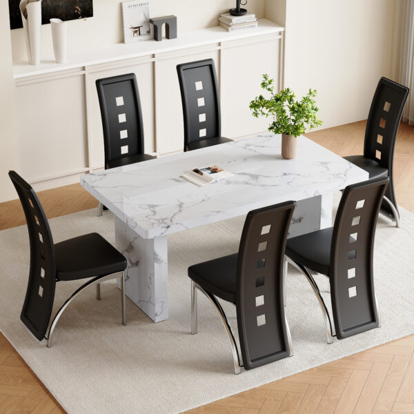 a3eec8246b414f3b9fd54884148da9c2_21a7fa6a7722ce337af95800f1af52d5 Table and chair set.63"*35.4" White Imitation Marble Pattern MDF Dining Table Set - 6 PU Chair With Black Saddleback, Geometric Pattern Backrest,Silver Curved Metal Leg..Suitable For Various Scenes.