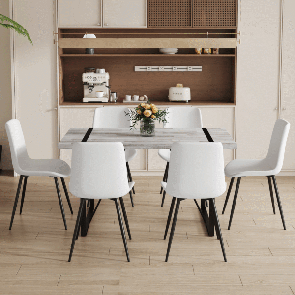 a41dcdfd66ff431491cbb5e07ca0d3d4_e7a377fb9a3f0388a2015bd36665046f Table and chair set.A minimalist retro rectangular dining table with a specially textured top and black metal legs.Paired With 6 White Artificial PU Chairs With Curved Widened Cushion Design.