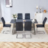 Table and chair set.63"x31.5x30" Black Marble-Patterned Slabs Tabletop with Stainless Steel Butterfly Legs.Paried with 6 Black high-quality PU chairs with silver metal legs.
