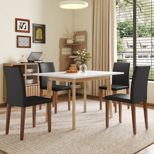 a45e33631b69440983c14100c6737d23_979b678b292d1a508fdcb720a7ef32a0 Table and chair set. White Sintered Stone Tabletop, Rubberwood Legs,Foldable Computer Desk, Foldable Desk.Paried With 4 Black PU Dining Chairs with Walnut Color Metal Leg.