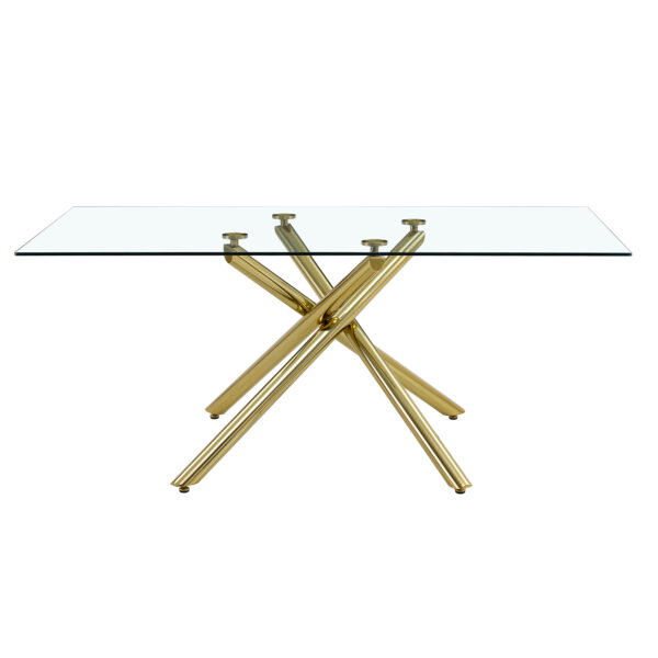 a48722e746b64b0192d1c18609dccdae_fd6452a59e80e53d130296e17c507255 Table and chair set.Modern Luxurious Transparent Tempered Glass Dining Table Set with 6 Chairs.Single Fork Golden Metal Table Legs.Black high-quality PU dining chairs with golden metal legs.