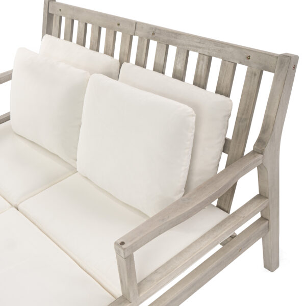 TREXM Outdoor Daybed, Patio Daybed with Four Pillows, Wooden Outdoor Bed with Curved Armrests for Poolside, Backyard, Garden (Gray+Beige Cushion)
